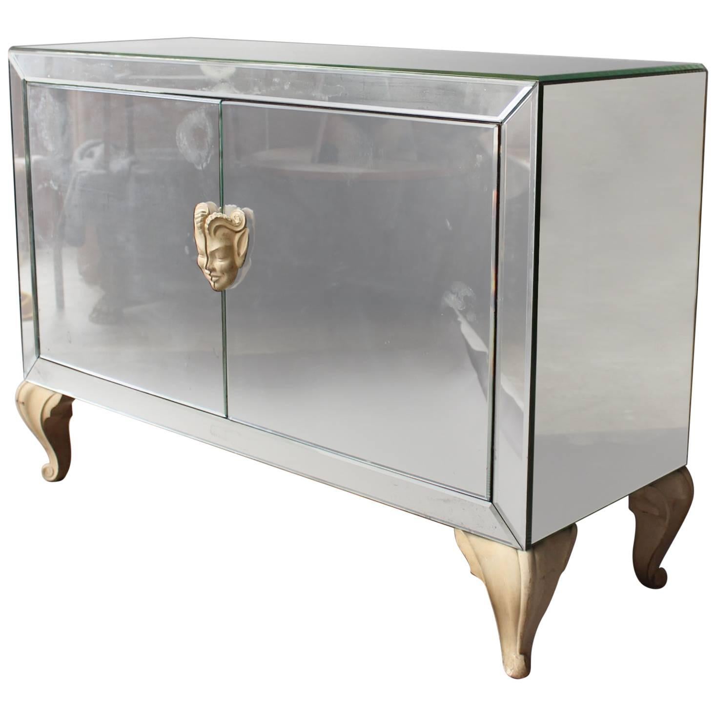 Fine French Art Deco Mirrored Buffet or Commode with Wooden Legs and Handles For Sale