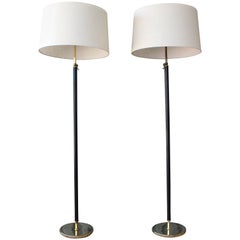 Pair of Jacques Adnet Style Brass and Leather Wrapped Floor Lamps
