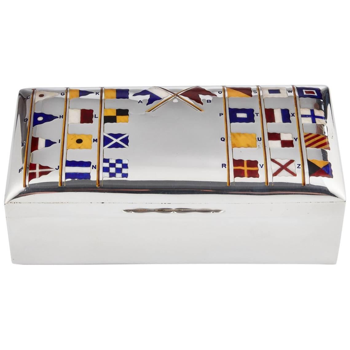 Antique Silver Novelty Cigar Box with Nautical Enamel Flags, Birmingham, 1927