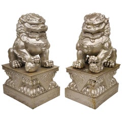 Large Pair of Cast Iron Foo Dog Guardian Lion Statue Entryway Garden Sculpture