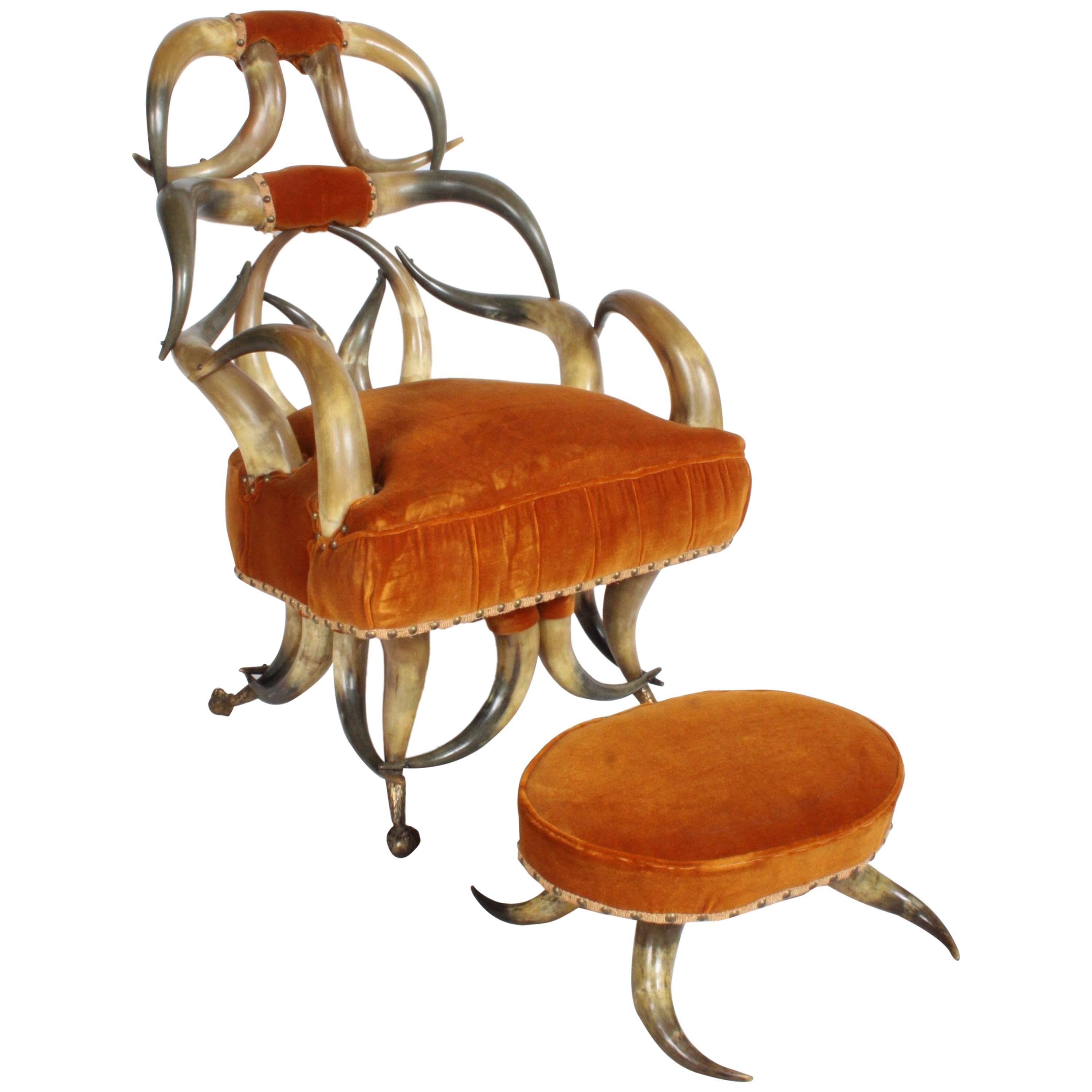 Incredible Late 19th Century Steer Horn Chair and Ottoman For Sale