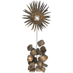 Brutalist Brass Art Sculpture of Sunflower on Abstract Rock Base