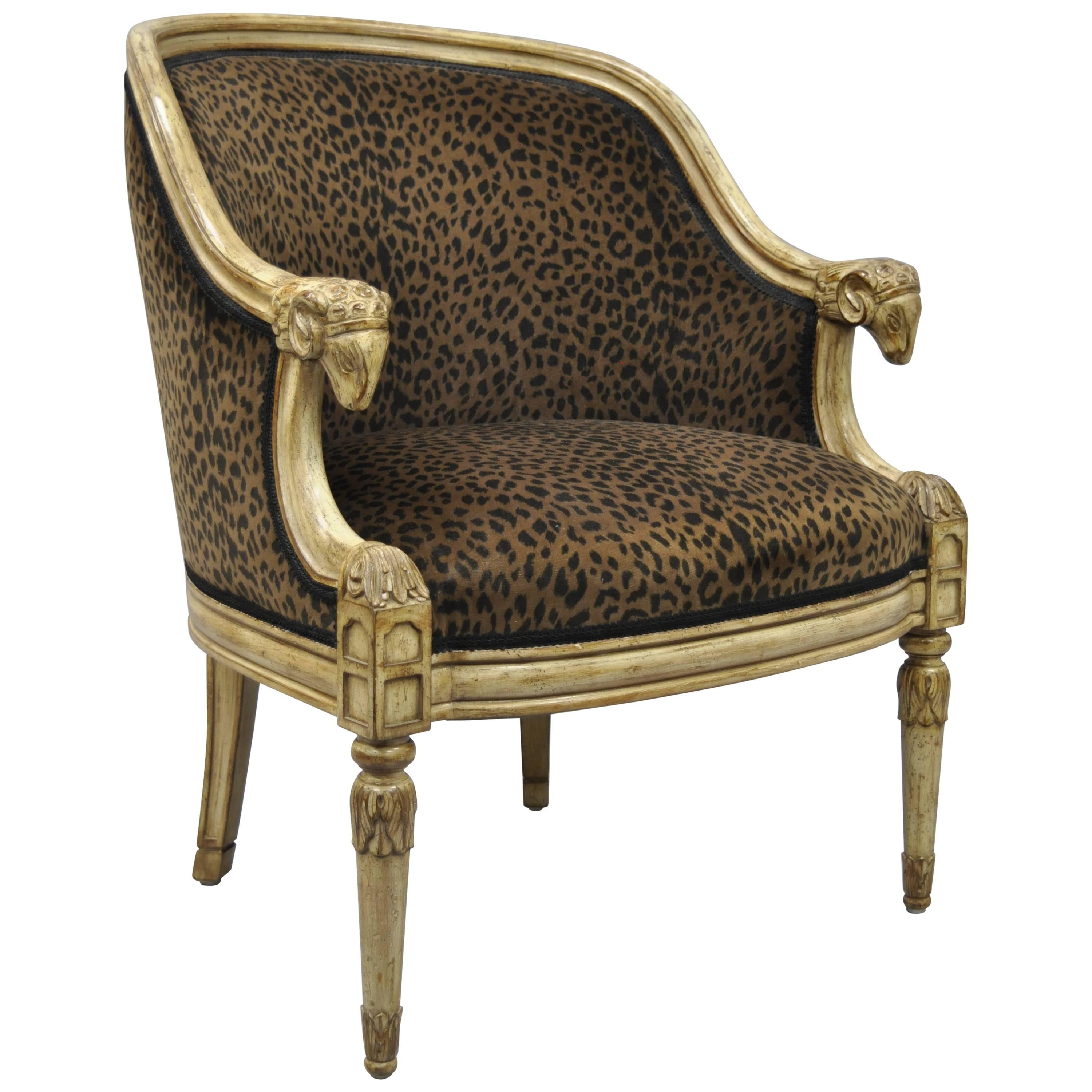Barrel Back Rams Goat Head Empire Neoclassical Style Cheetah Fabric Lounge Chair