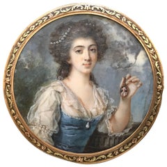 18th Century English Portrait Miniature of a Woman in Gold Frame