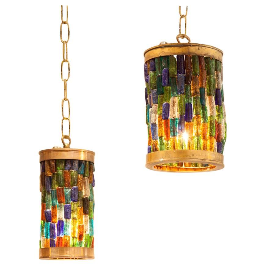 Forced Pair of Midcentury Murano Multi-Color and Brass Pendants