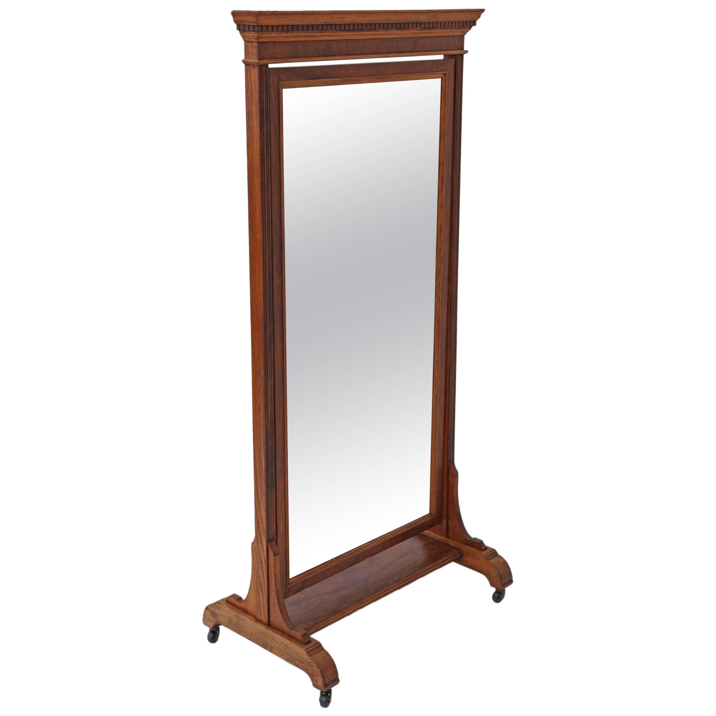 Antique Large Quality Victorian Walnut and Oak Cheval Mirror For Sale