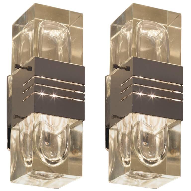 Pair of Midcentury Italian Glass and Chrome Sconces