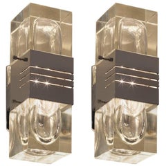 Pair of Midcentury Italian Glass and Chrome Sconces