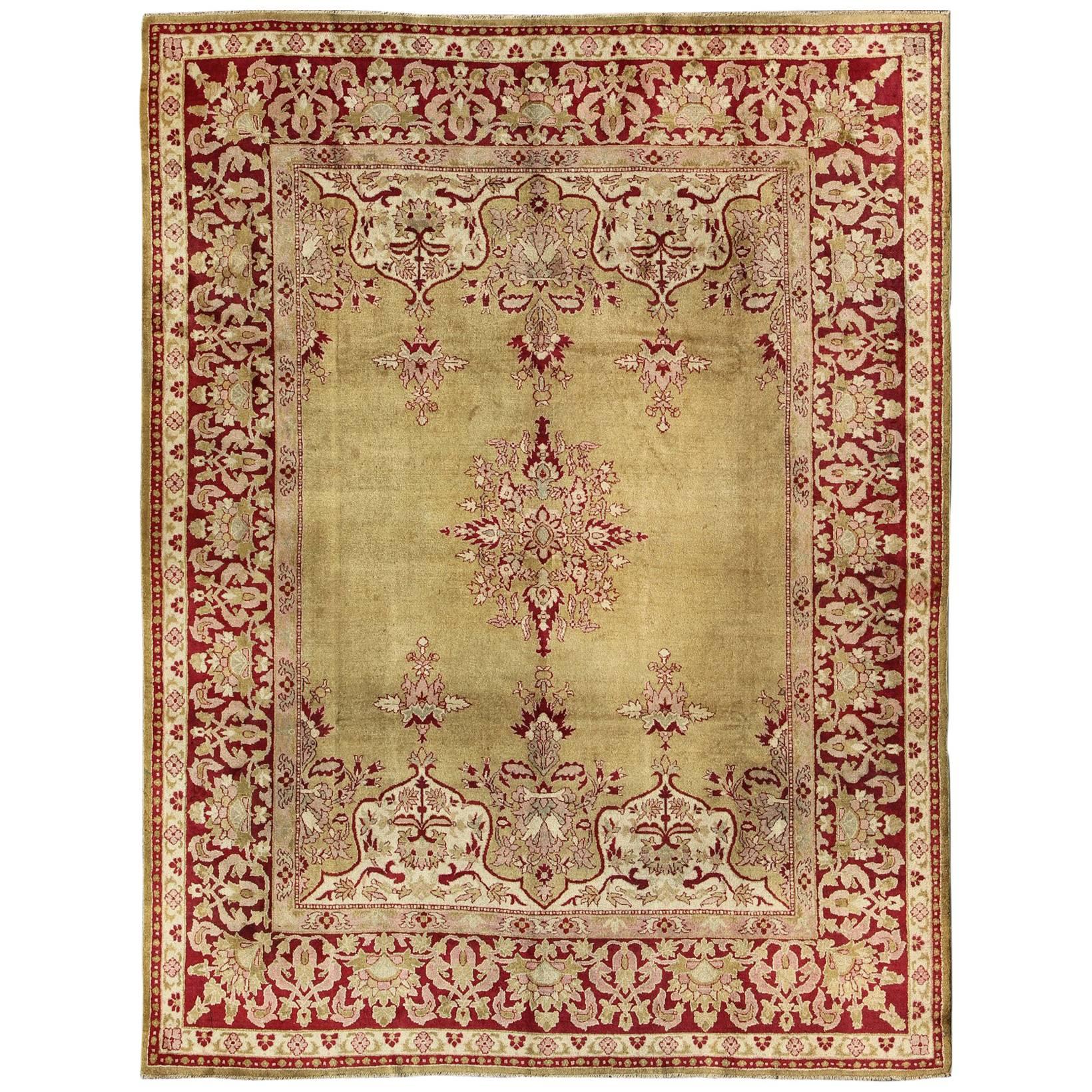 Late 19th Century Antique Indian Agra Rug in Green and Burgundy With Medallion For Sale