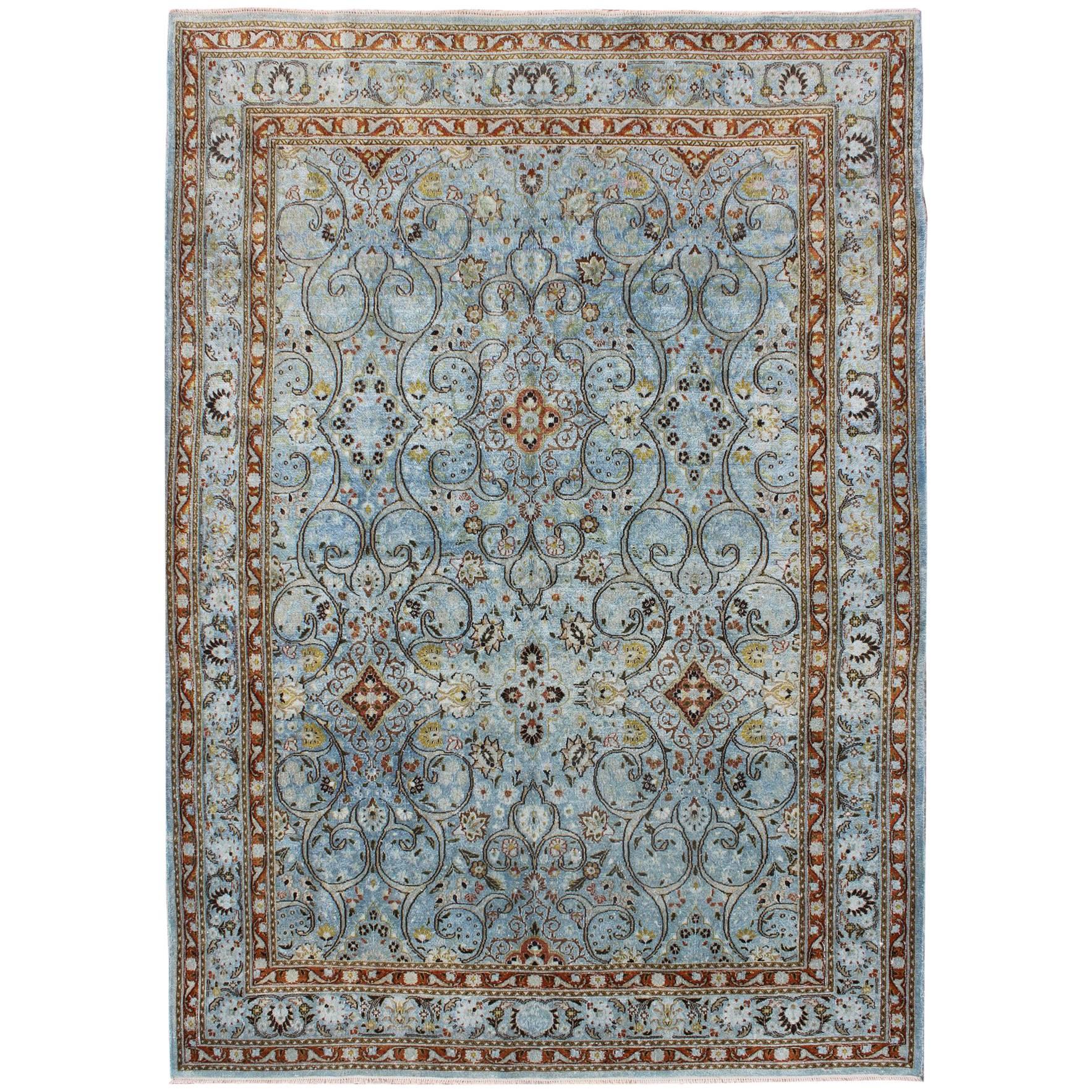 Ice Blue Ornate Sweeping Floral Pattern Khorassan Vintage Persian Rug