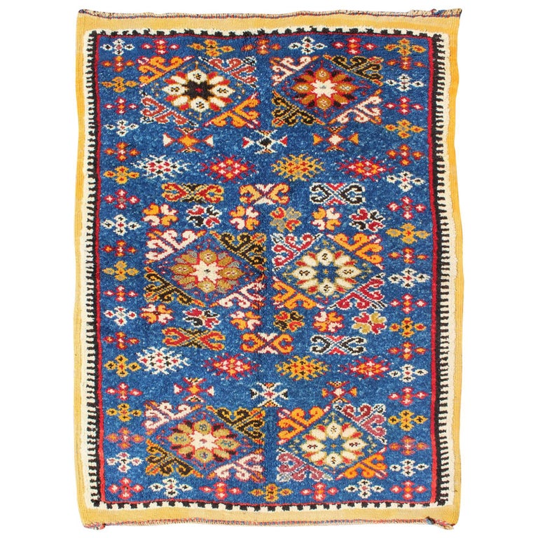 Vintage Moroccan Rug with Bright Blue Field and Colorful ...