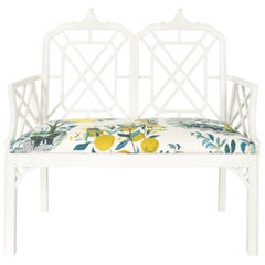 White Chinoiserie Pagoda Motif Newly Upholstered Settee