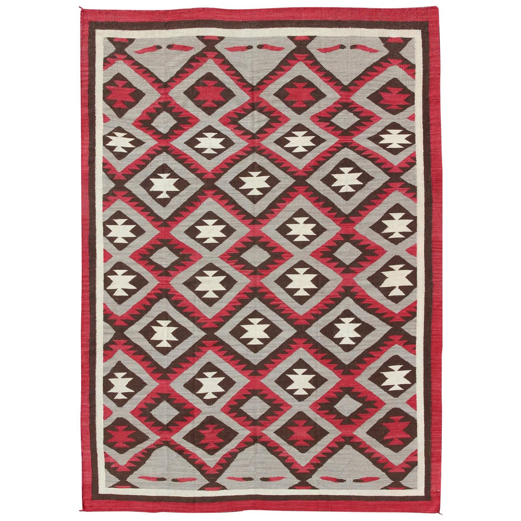 Large American Navajo Design Rug with Latticework Tribal Design in Red and Gray