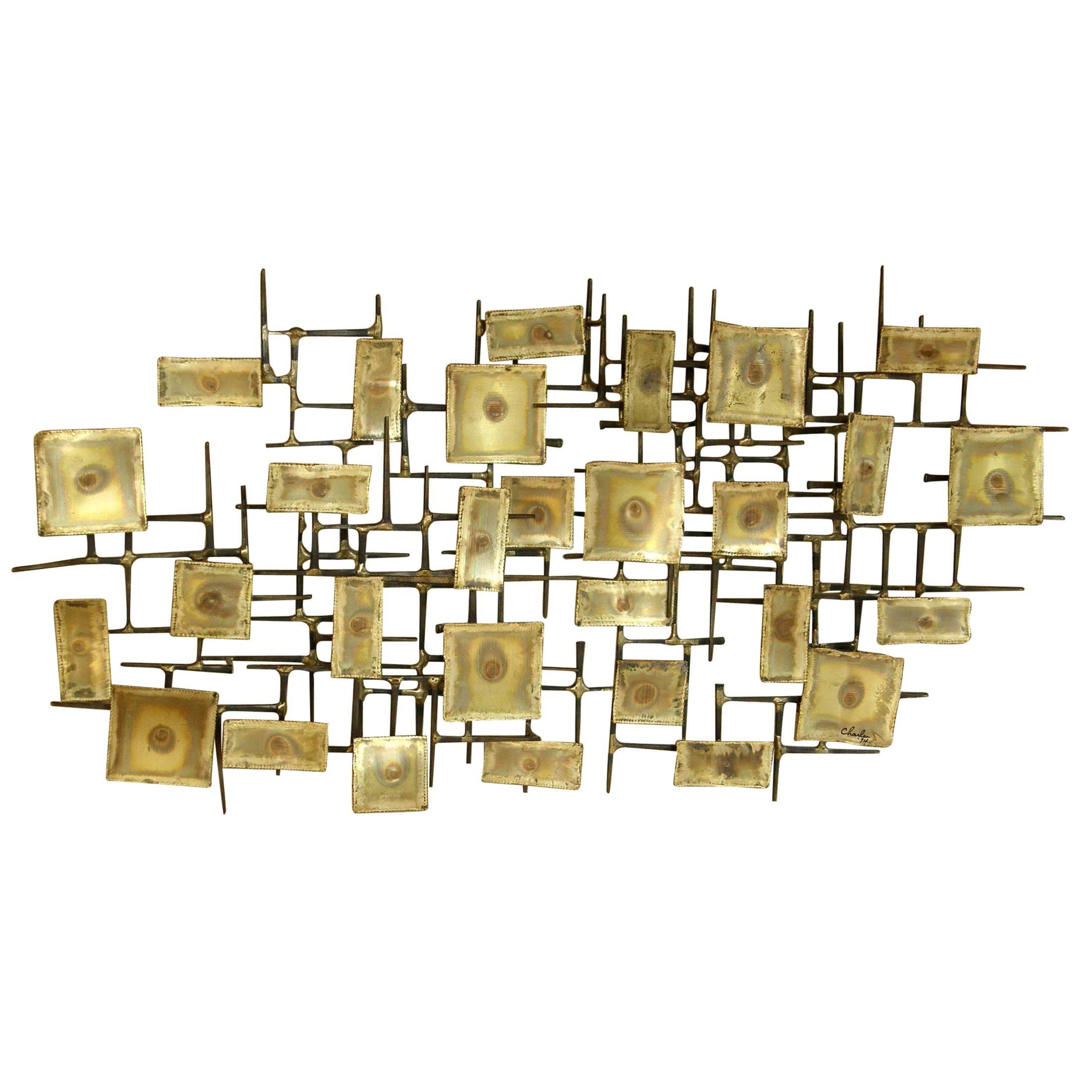 1974 Brutalist Nails Wall Sculpture with Brass Rectangles Signed Charles