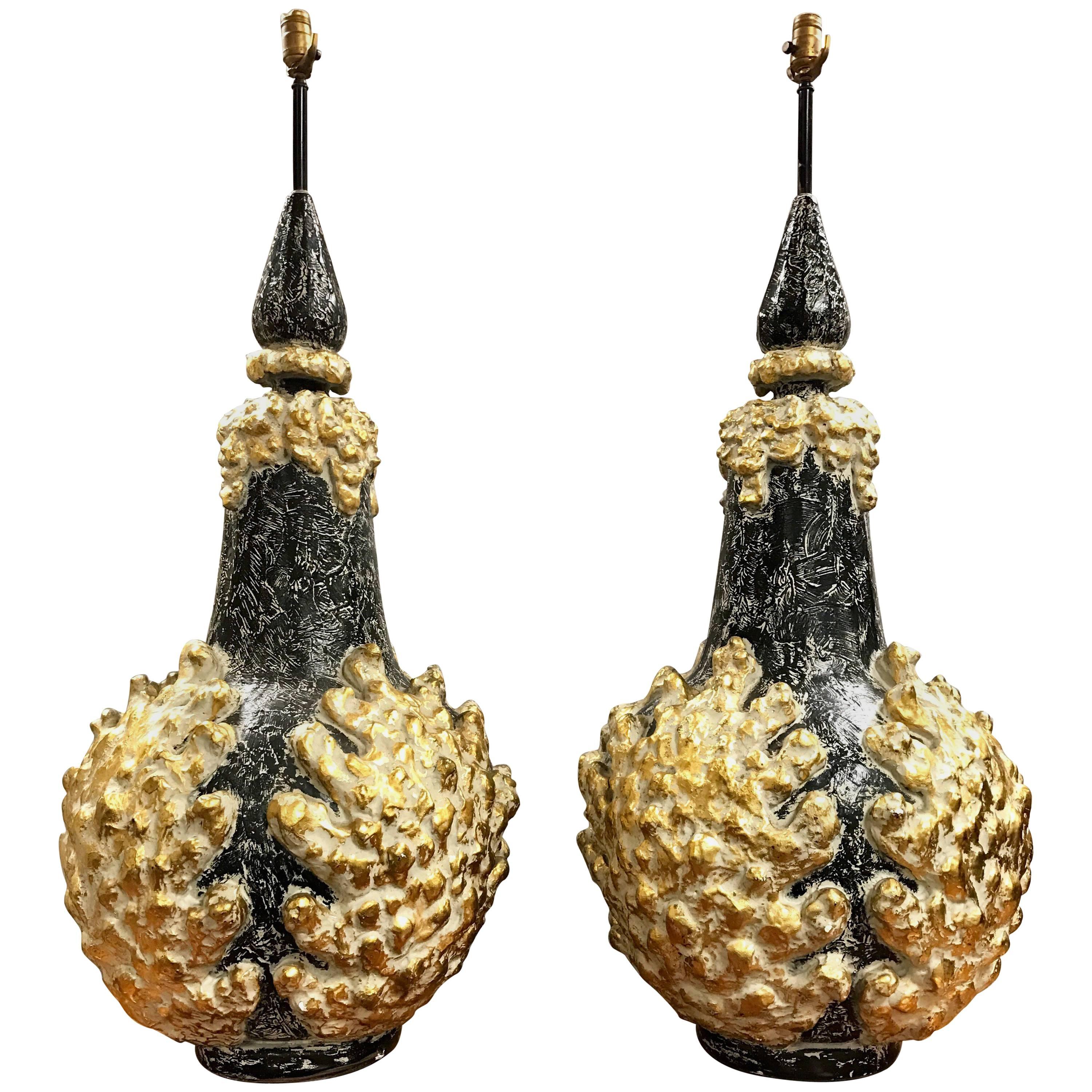 Pair of Monumental Midcentury Black and Gold Lamps