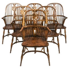 Set of Six Carved English Walnut Windsor Armchairs