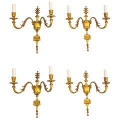 Antique Early 20th Century Set of Four Edwardian Two Branch Ormolu Wall Lights