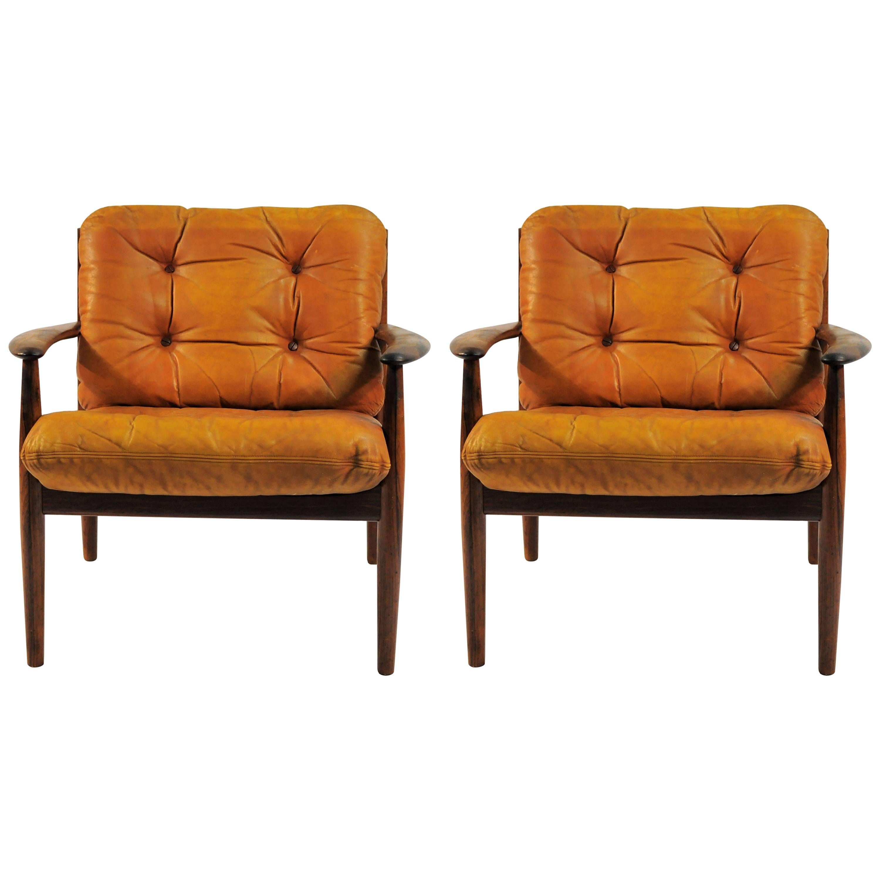 1960s Grete Jalk Lounge Chairs in Rosewood and Original Brown Leather Cushions