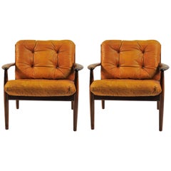 1960s Grete Jalk Lounge Chairs in Rosewood and Original Brown Leather Cushions