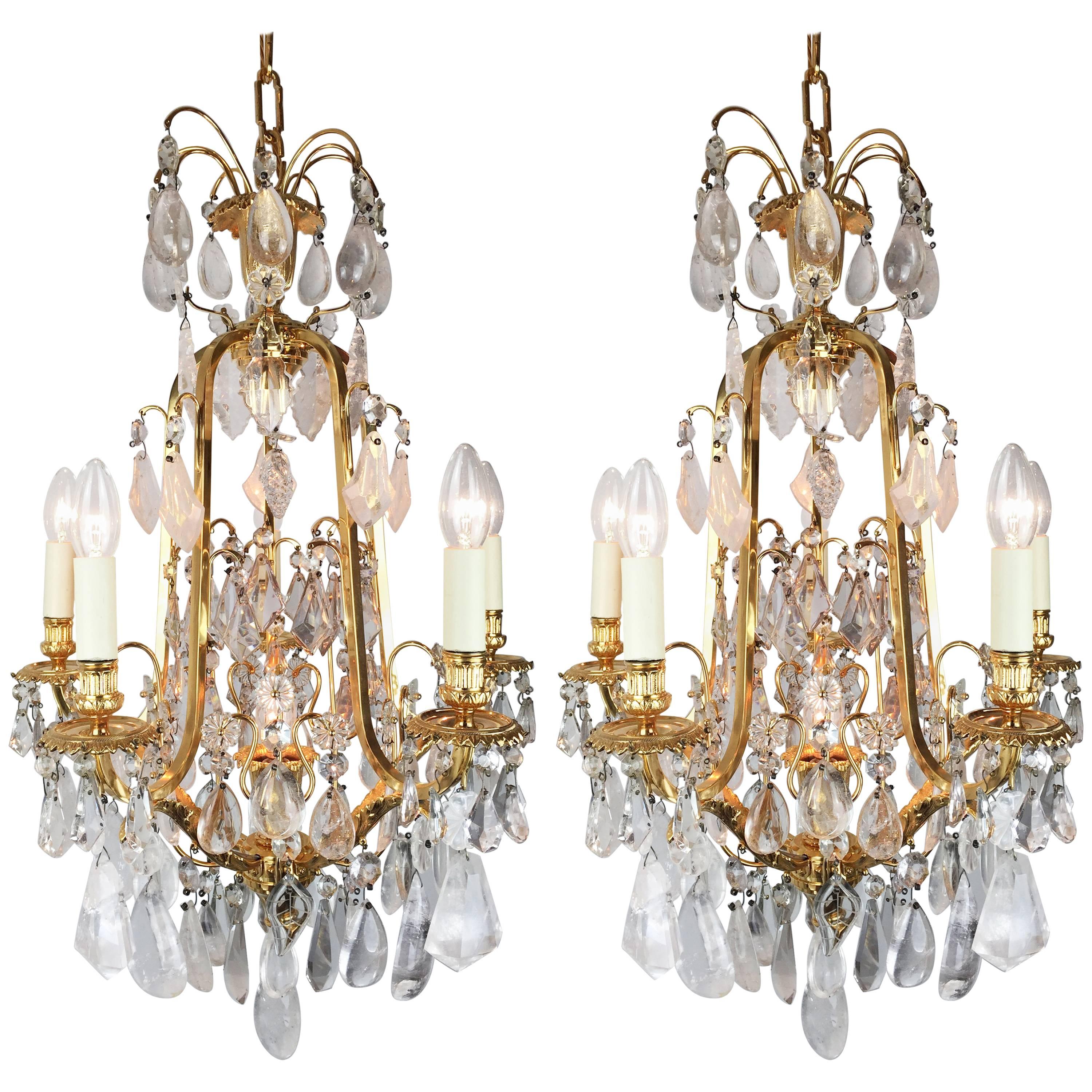 Pair of French 22-Carat Gold-Plated and Rock Crystal Adorned Chandeliers For Sale