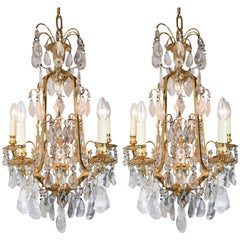 Pair of French 22-Carat Gold-Plated and Rock Crystal Adorned Chandeliers
