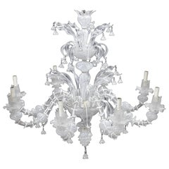 Venetian Clear and White Spiral Decorated Glass Eight-Light Chandelier