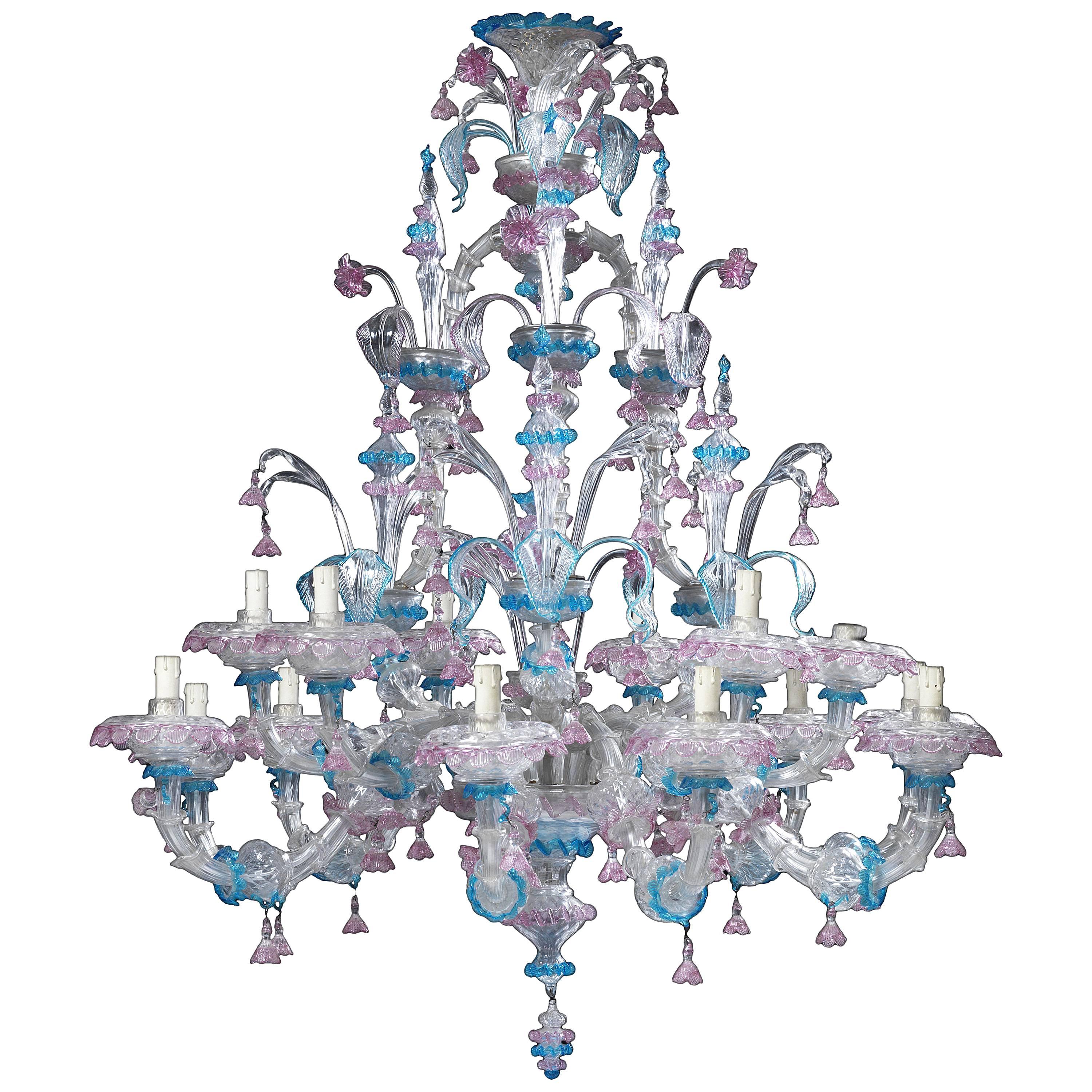 Venetian Clear, Pink and Blue Colored Glass Fifteen-Light Chandeliers For Sale