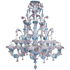 Venetian Clear, Pink and Blue Colored Glass Fifteen-Light Chandeliers