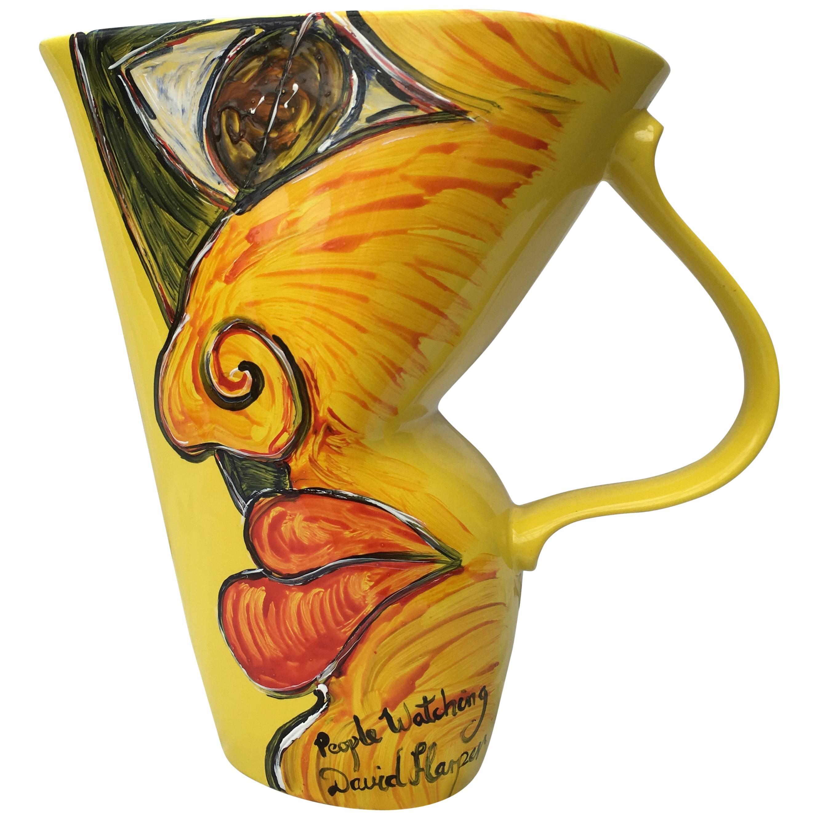 Painted Yellow Vintage Jug Vase, Original 'People Watching' by David Harper For Sale