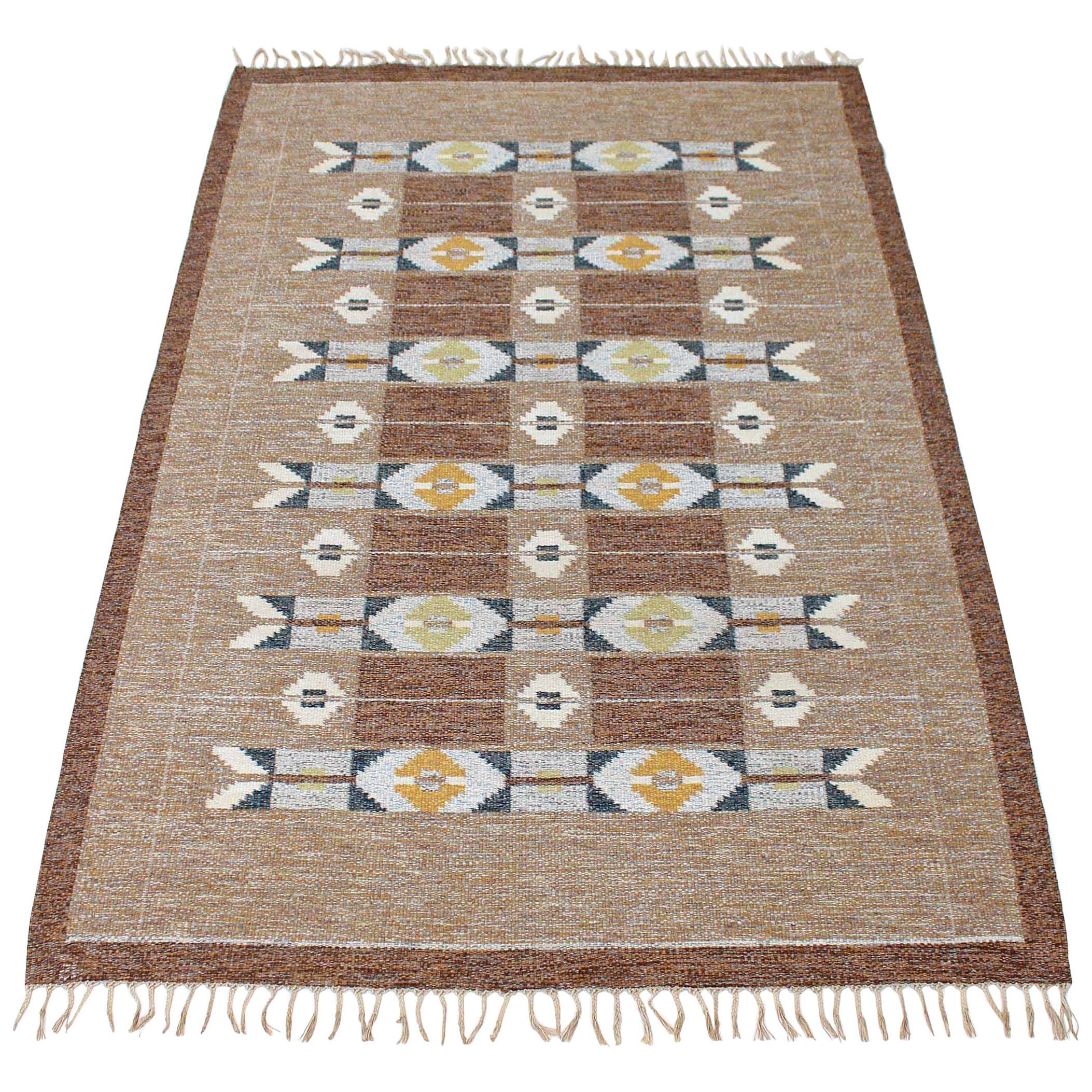 Antique Large Swedish Rollakan Hand Woven Wool Rug Signed IS For Sale