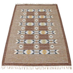 Antique Large Swedish Rollakan Hand Woven Wool Rug Signed IS