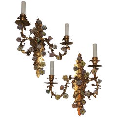 Wonderful French Pair Vintage Gold Gilt Two-Arm Sconces with Porcelain Flowers