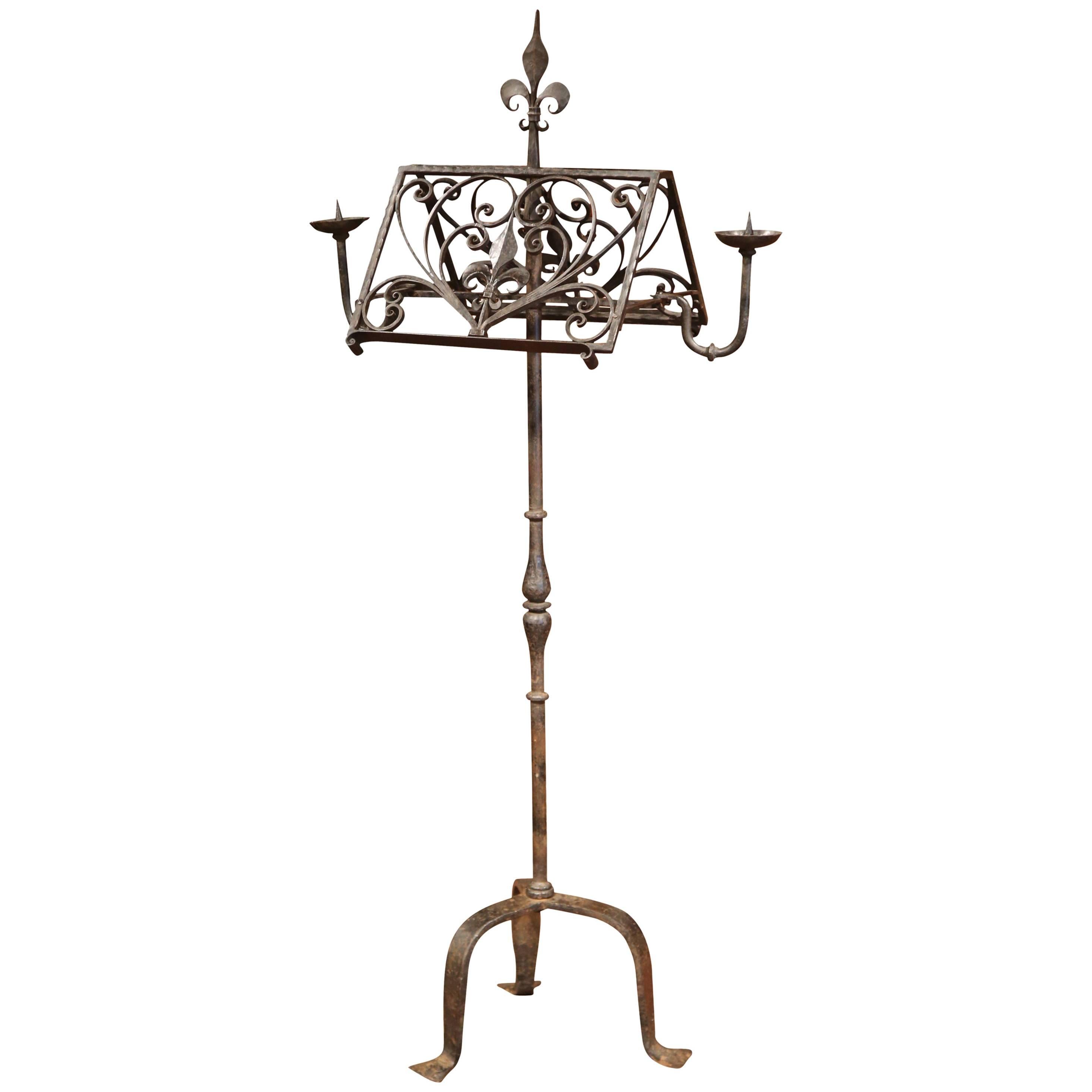 19th Century French Two-Side Forged Black Iron Music Stand with Fleur-de-Lys 