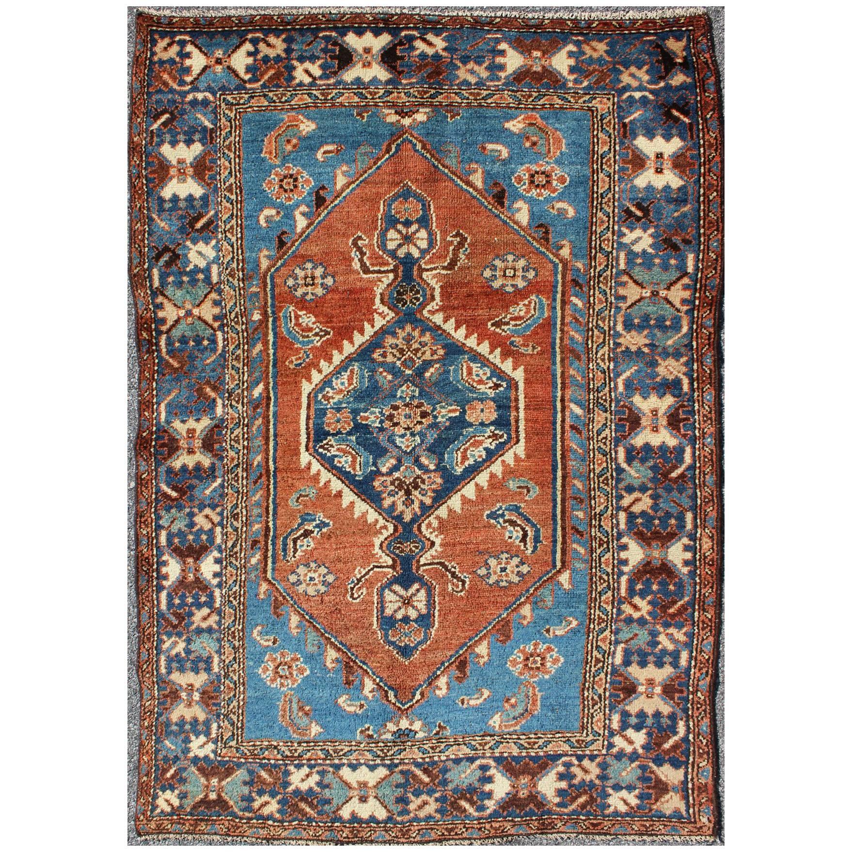 Antique Persian Karadjeh Rug with Tribal Medallion in Rust Red and Bright Blue