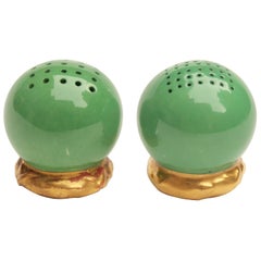 Antique Pair of Green Ceramic, Gilded Royal Worcester Salt and Pepper Cruets, 1909