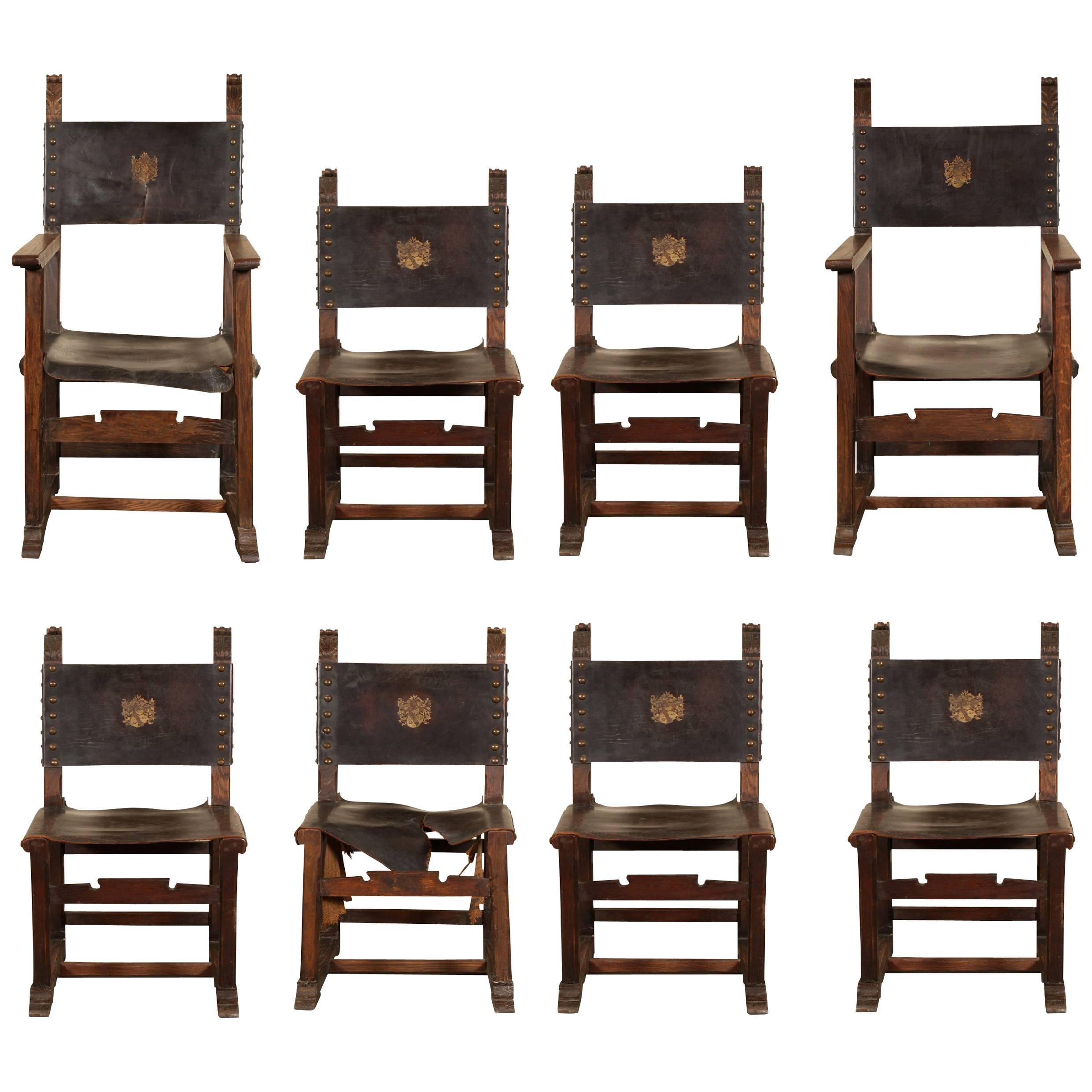 Set of Eight Arts & Crafts Oak and Leather Chairs