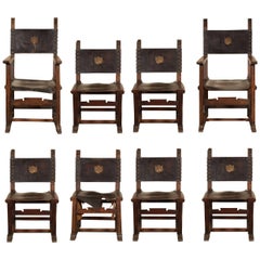 Set of Eight Arts 
Crafts Oak and Leather Chairs