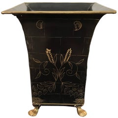 1970s Black and Gold Tole Waste Basket with Brass Claw Feet