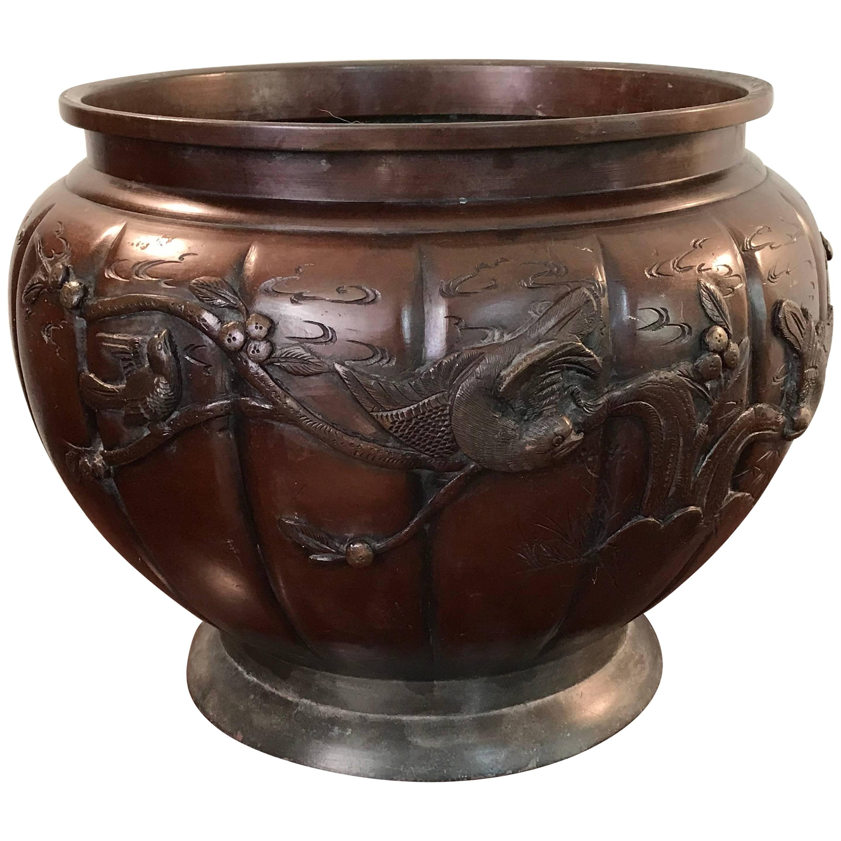 19th Century Meiji Period Bronze Cachepot Planter with a Bird and Tree Motif