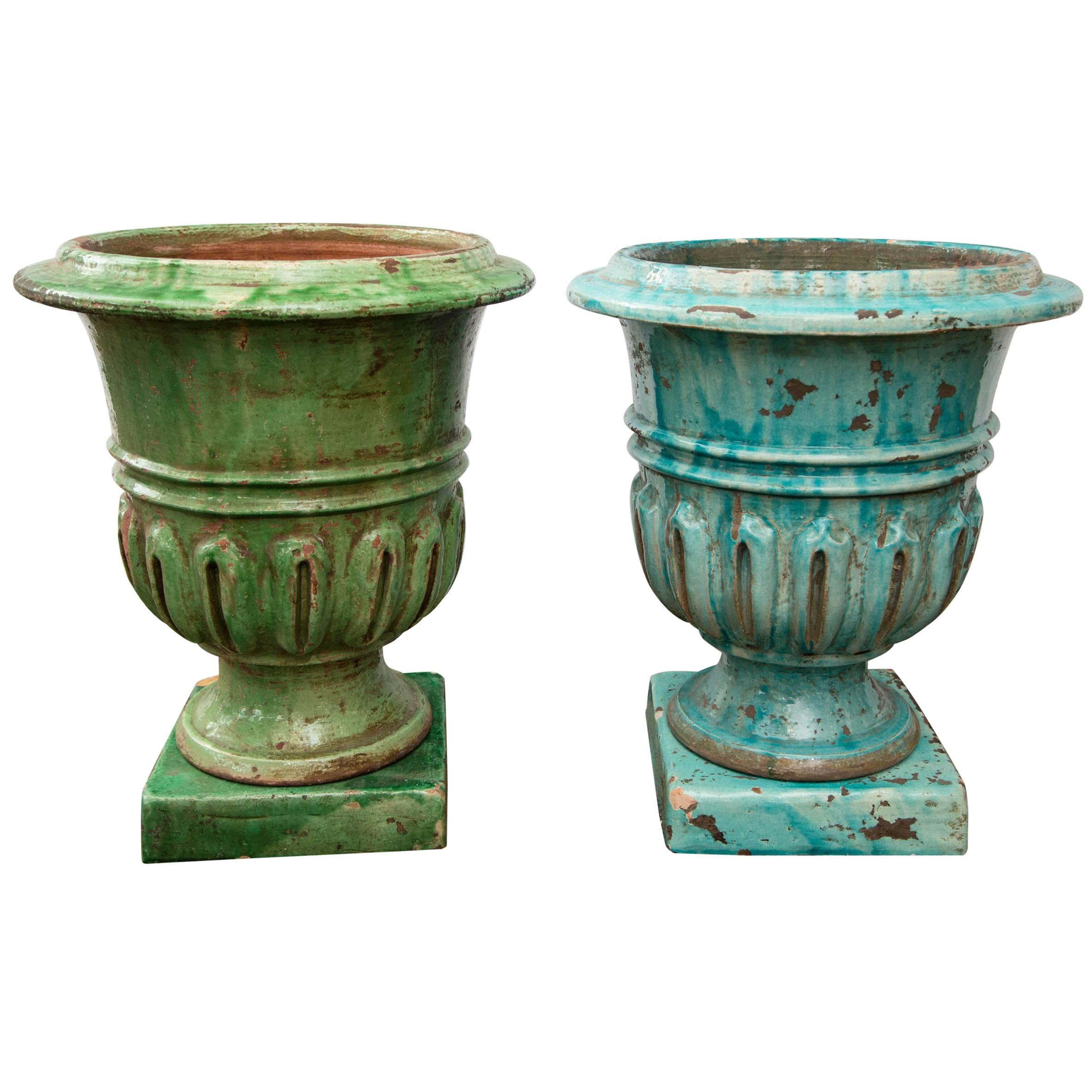 Pair of Hand-Painted Blue and Green Terracotta Planters For Sale