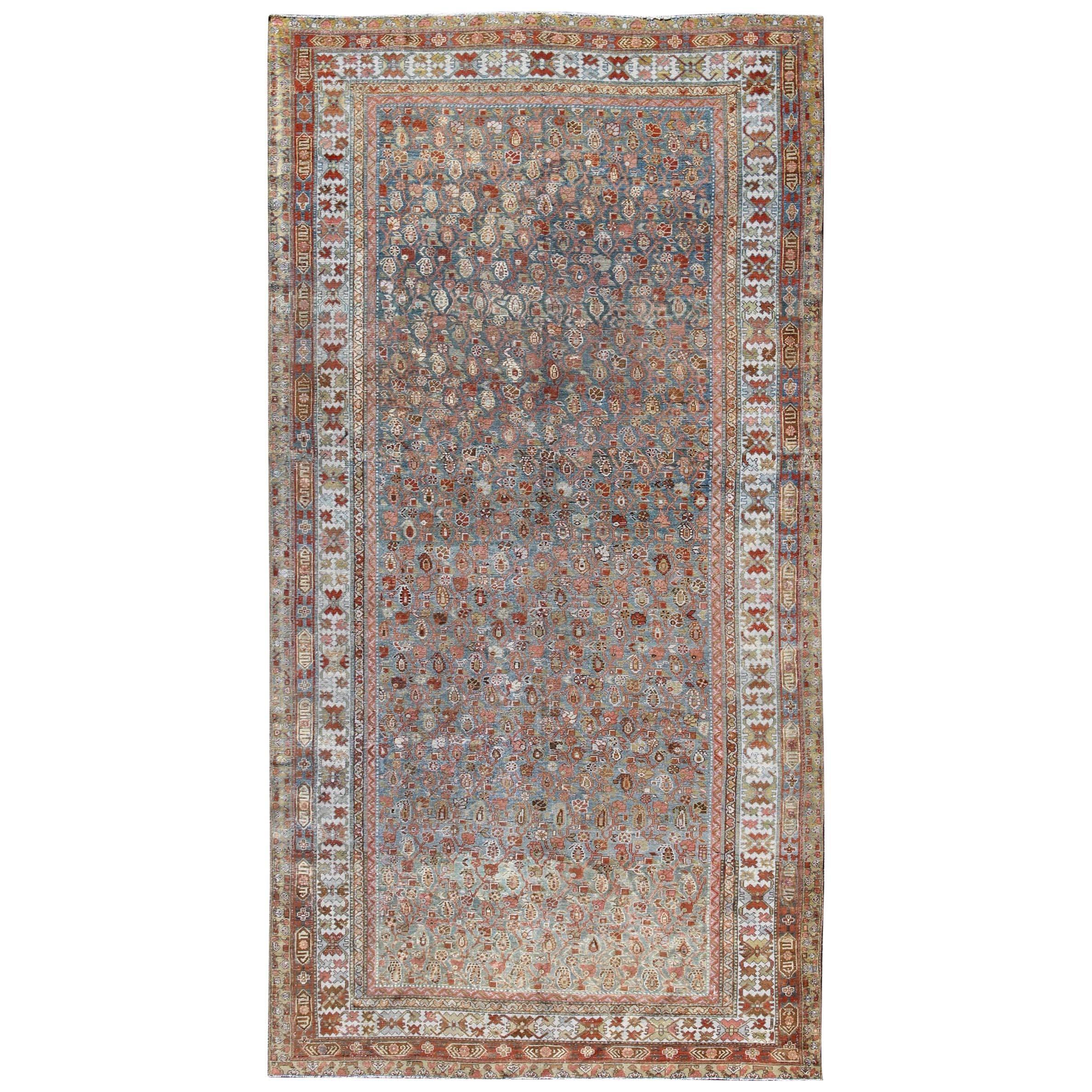 Antique Persian Malayer Rug with All-Over Design in Gray, Blue, Red & Ivory