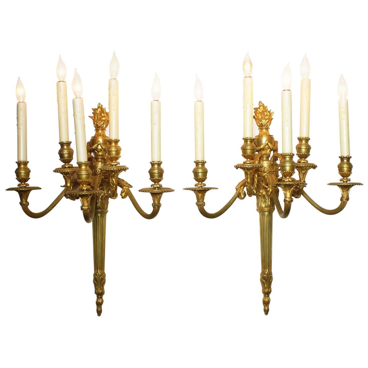Pair of French 19th Century Louis XVI Style Gilt Bronze Five-Light Wall Sconces