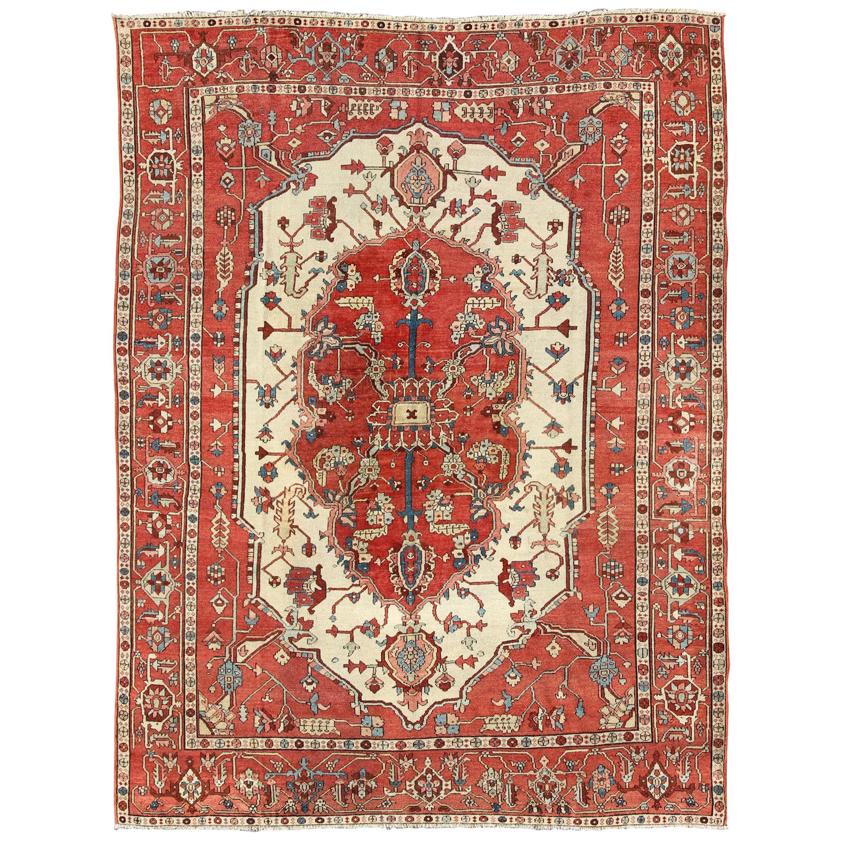 Antique Persian 19th Century Serapi Rug with Central Medallion Design  For Sale
