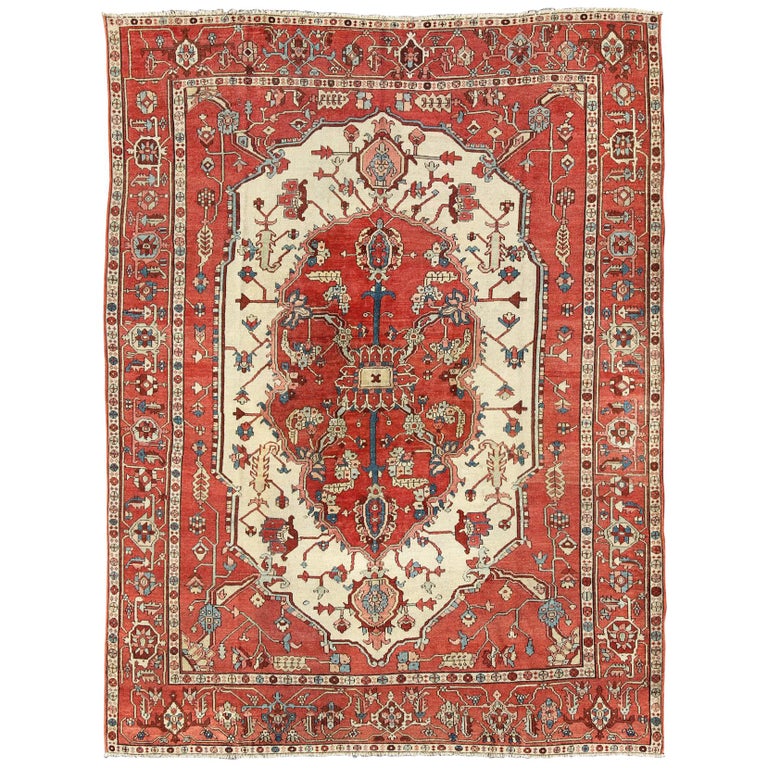 Bright Red Antique Persian Serapi Rug with Central Medallion Design in