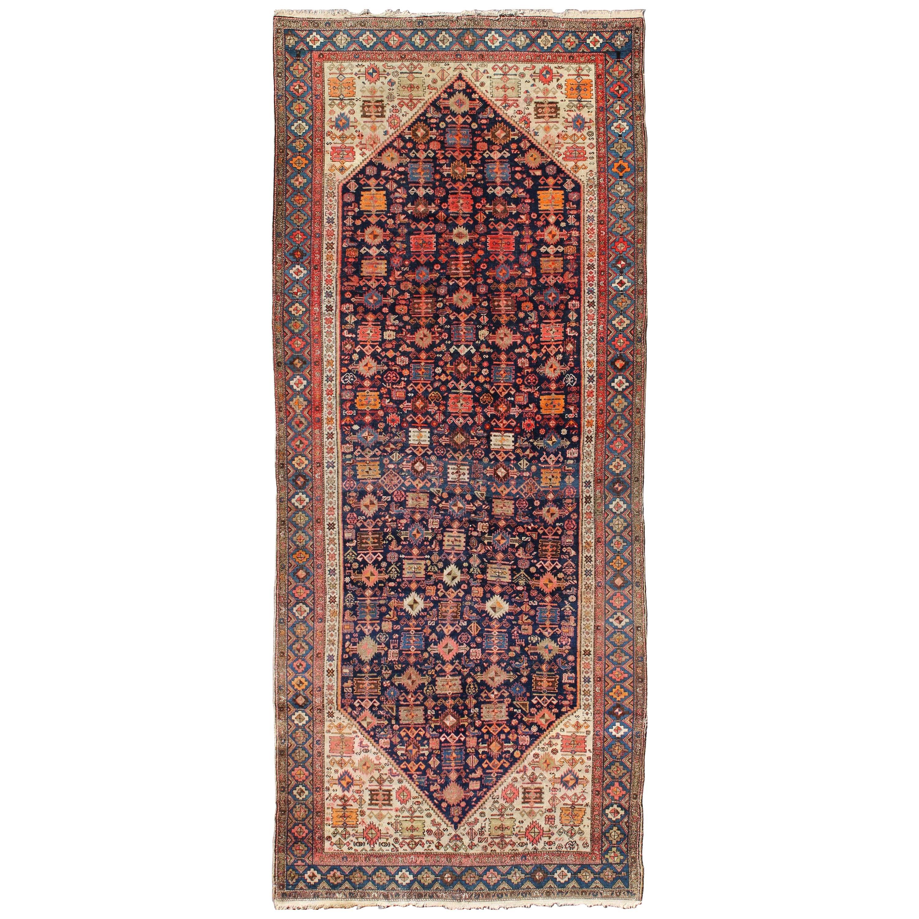 Navy Blue Antique Persian Malayer Antique Rug with All-Over Sub-Geometric Design For Sale