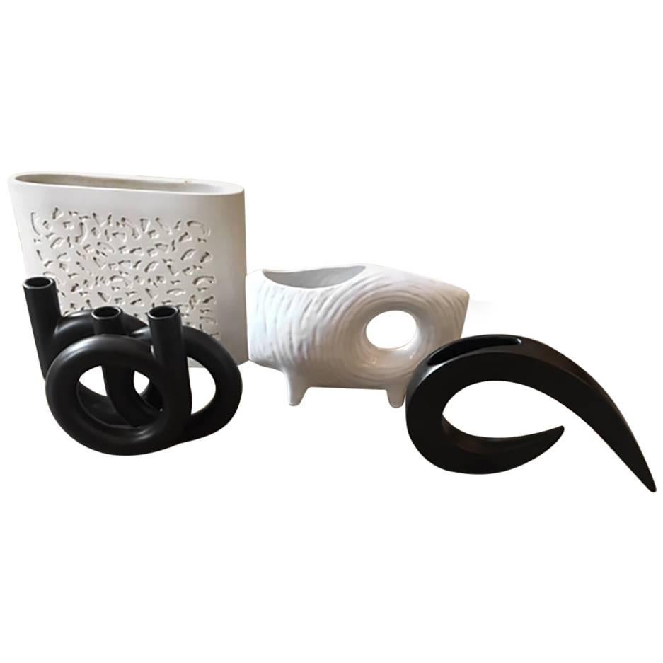 Set of Four Japanese Pottery Vases Black and White