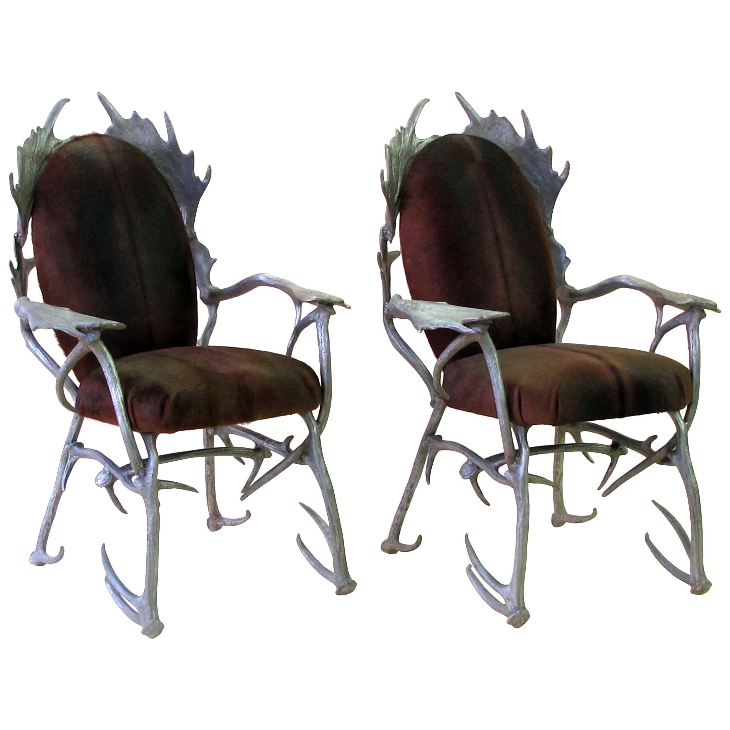 Fanciful Pair of American Aluminum Antler Armchairs Designed by Arthur Court