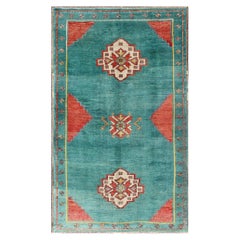 Teal-Colored Oushak Vintage Turkish Rug with Three Medallions, Red Cornices