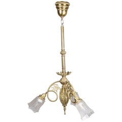 Three-Light Foliate and Scroll Form Brass Chandelier with Etched Shades
