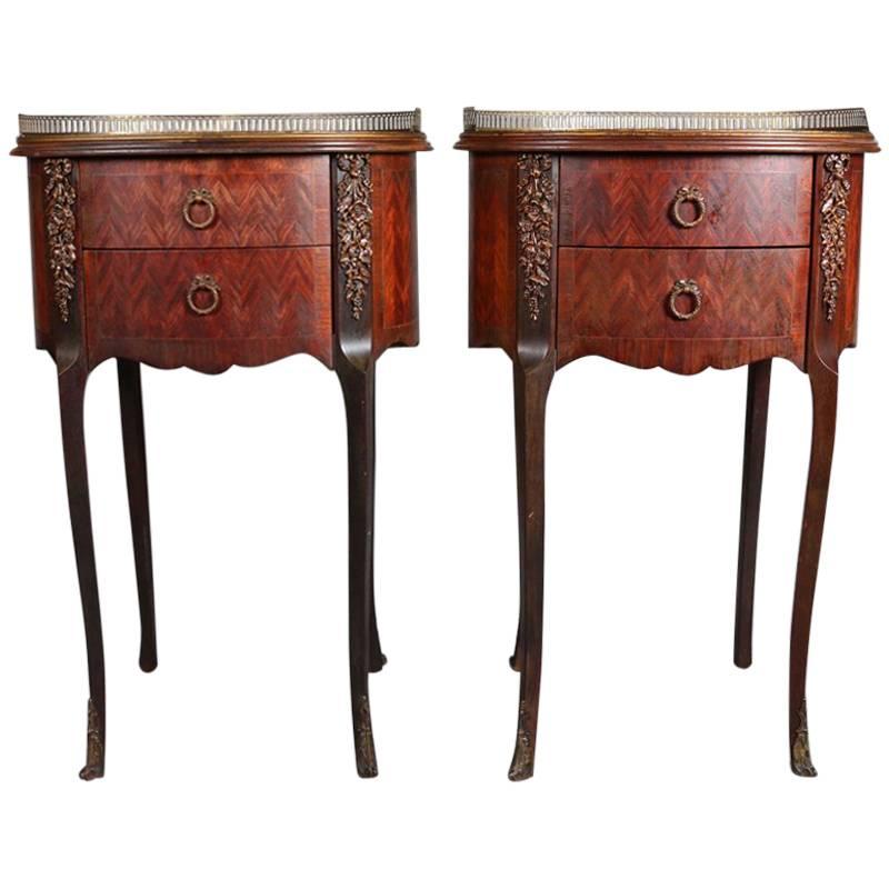 Pair of Antique French Louis XVI Style Mahogany Parquetry with Bronze End Stands